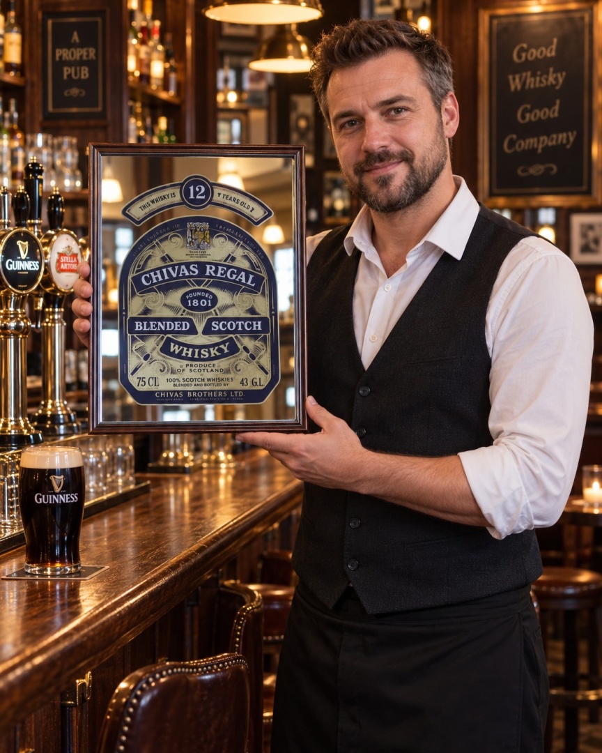 mężczyzna prezentujący lustrzany szyld Chivas Regal w drewnianej ramce we wnętrzu pubu – wizualizacja AI